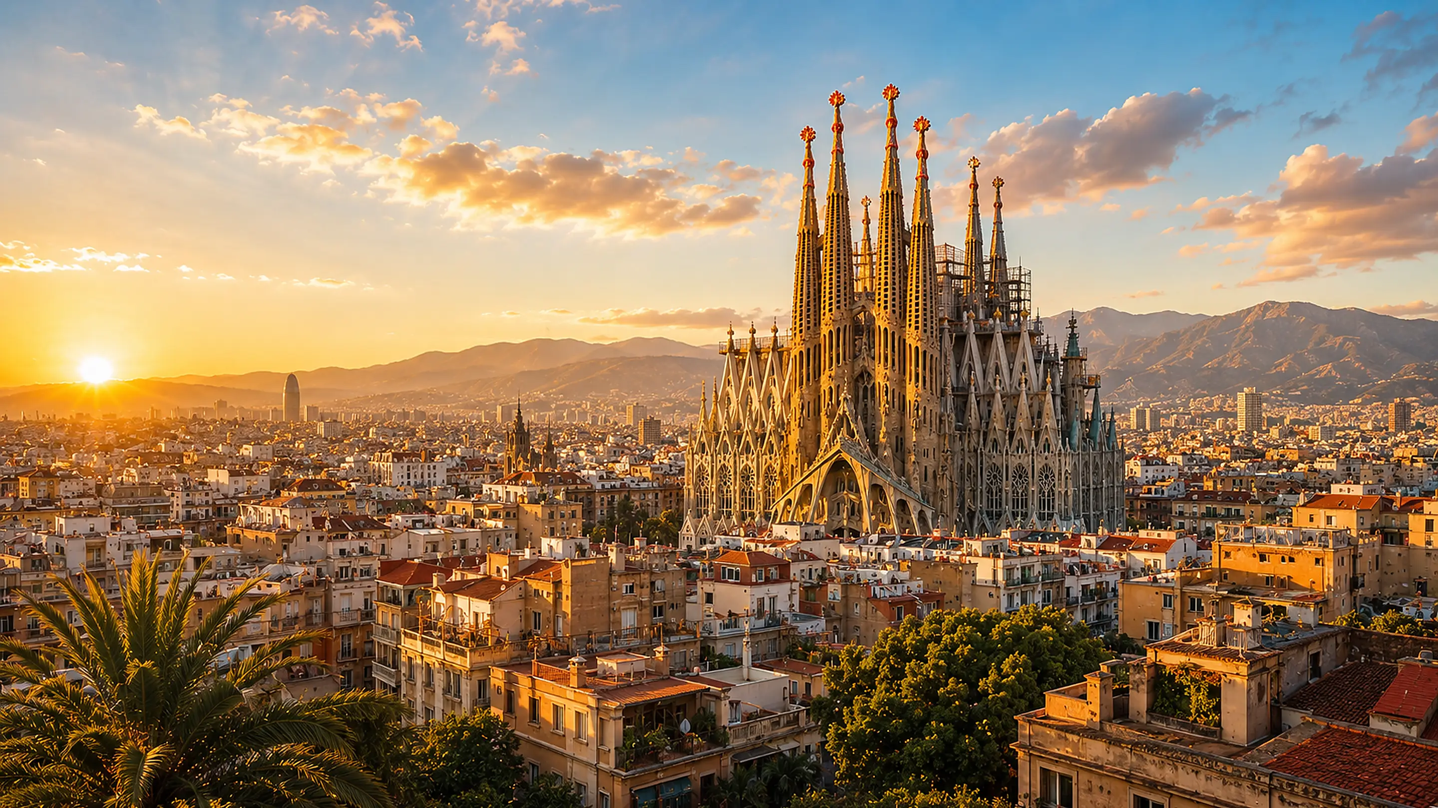 Zlatá hodinka nad střechami a katedrálou v Barceloně (Sagrada Família)